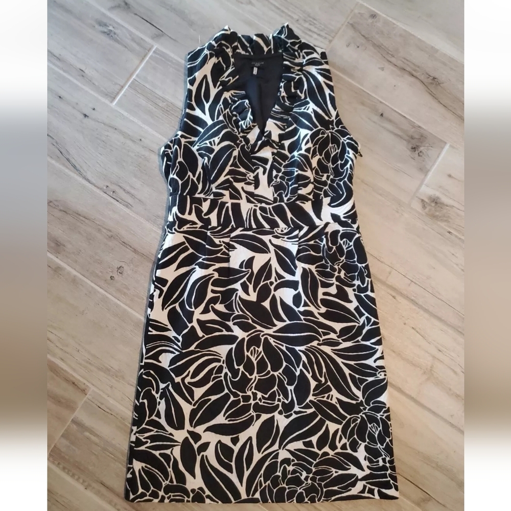 Ann Taylor Black White Floral Ruffle Neck Dress 2P Fits Like 0P Petite Damask